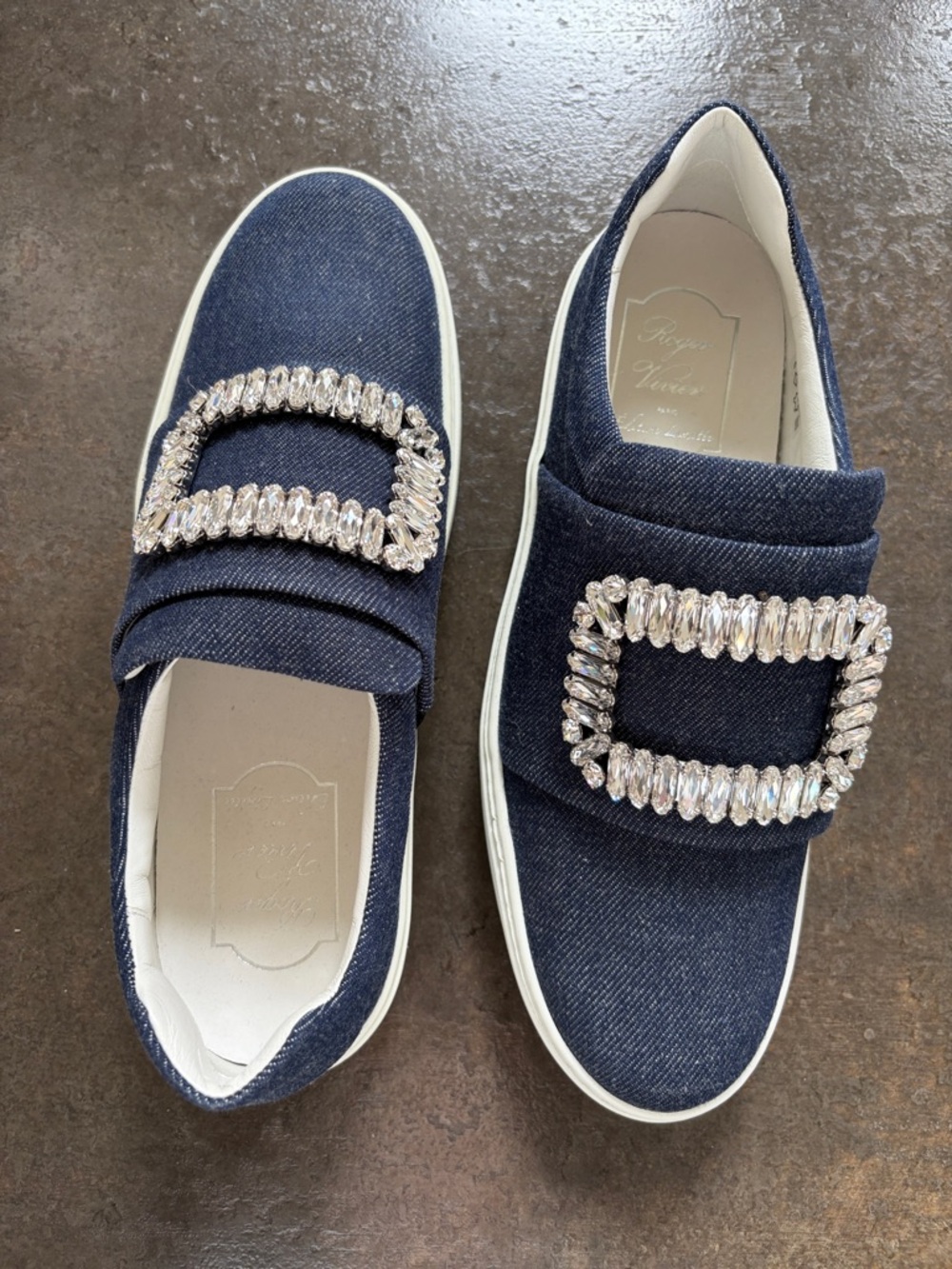 Roger Vivier Navy Denim Slip-On Sneakers with Crystal Buckles - Picture 6 of 6